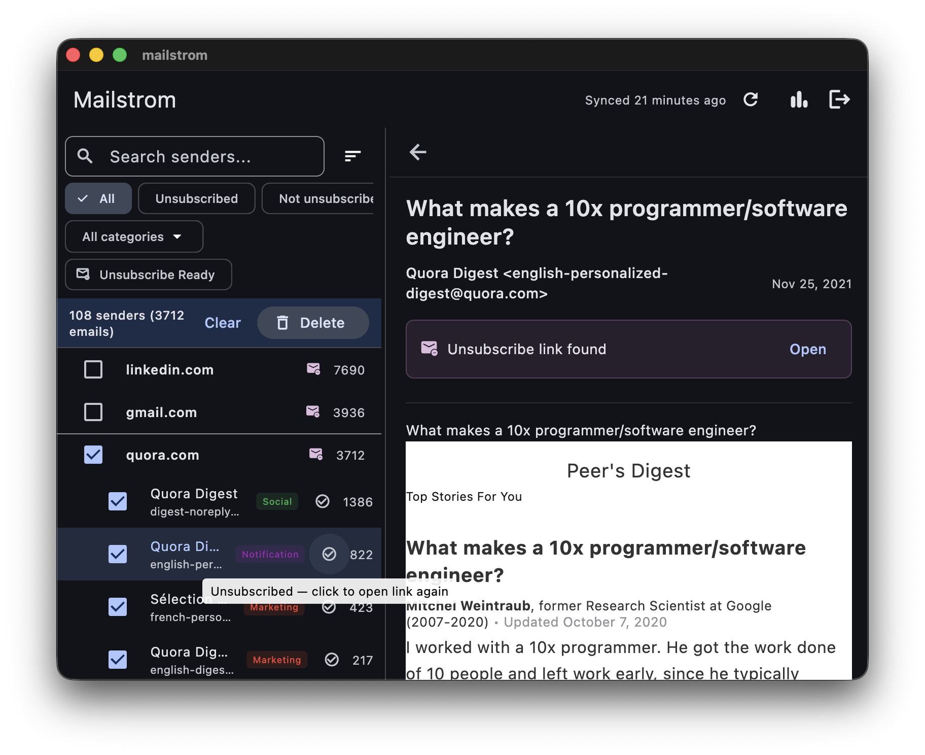 Mailstrom app showing sender domains list with email counts, bulk delete and unsubscribe controls